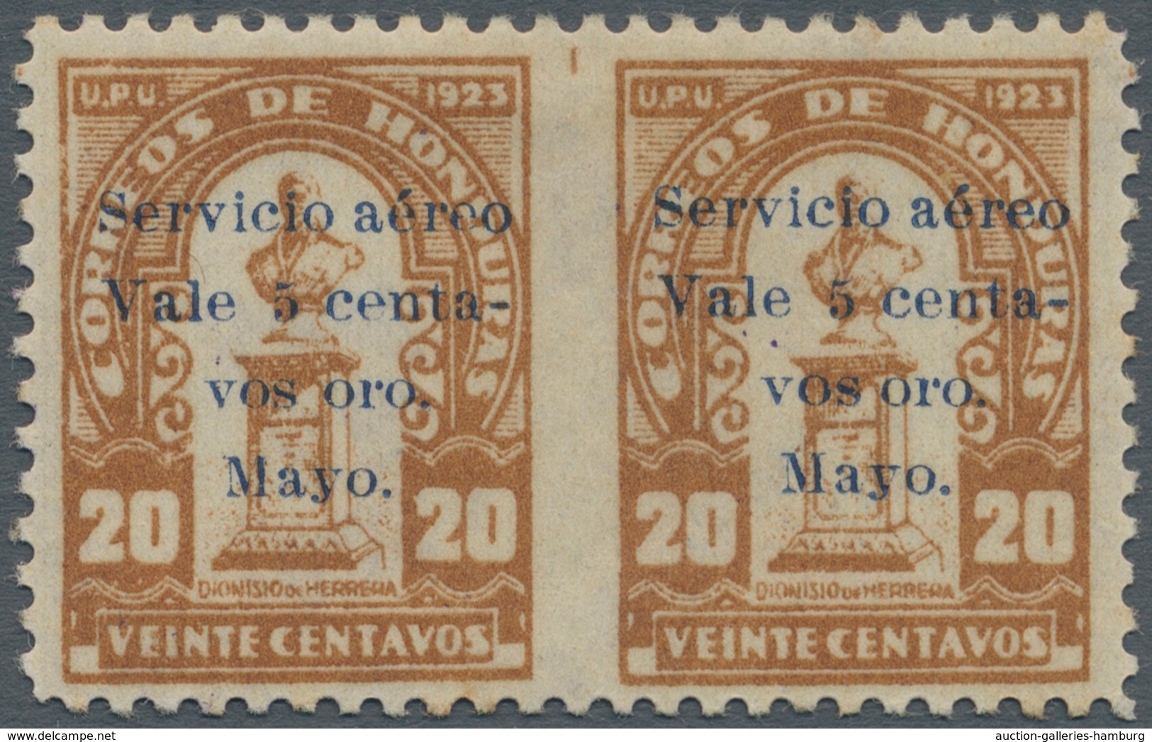 Honduras: 1930, 20 C. Brown With Airmail Surcharge 5 Cents., Horizontal Pair Imperfor. Between, Some - Honduras