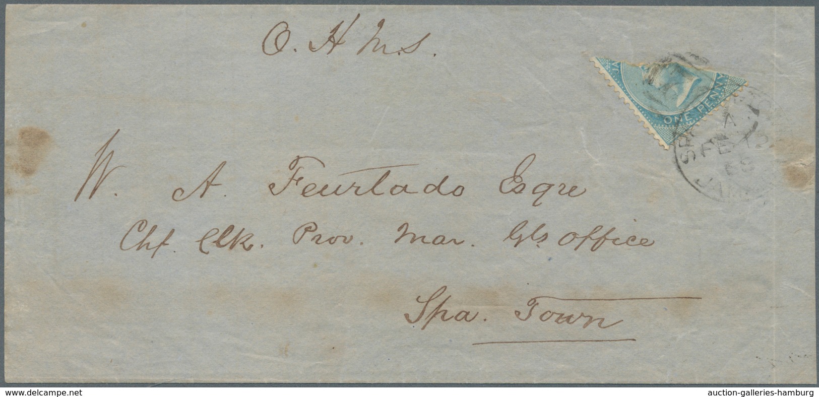 Jamaica: 1860 1d. Pale Blue BISECTED Diagonally, Used On Folded 'O.H.M.S.' Cover (or Wrapper?) From - Jamaica (1962-...)