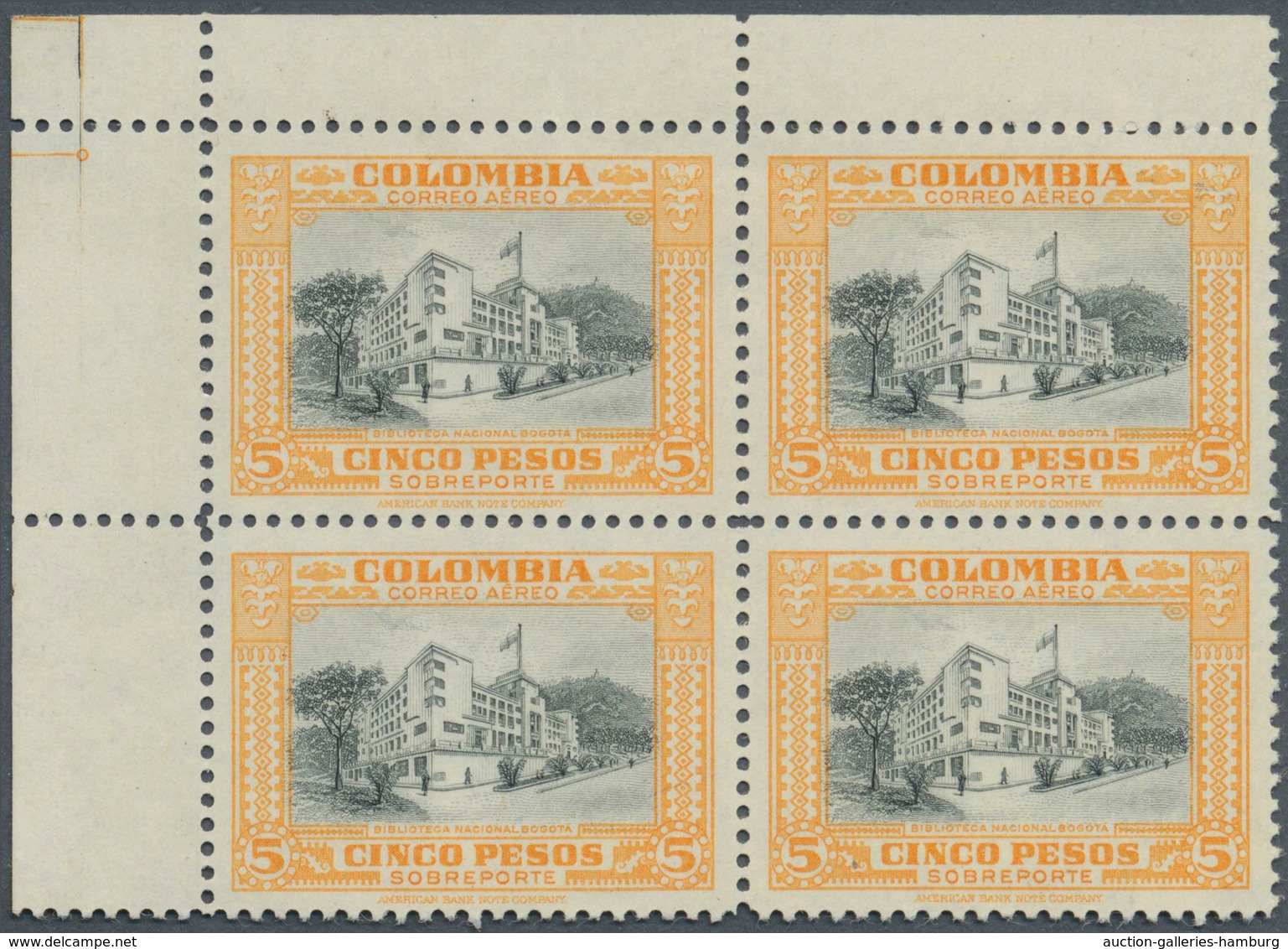 Kolumbien: 1951, Country Scenes 5p. Orange/grey Block/4 From Upper Left Corner WITHOUT Opt. And UNIS - Kolumbien