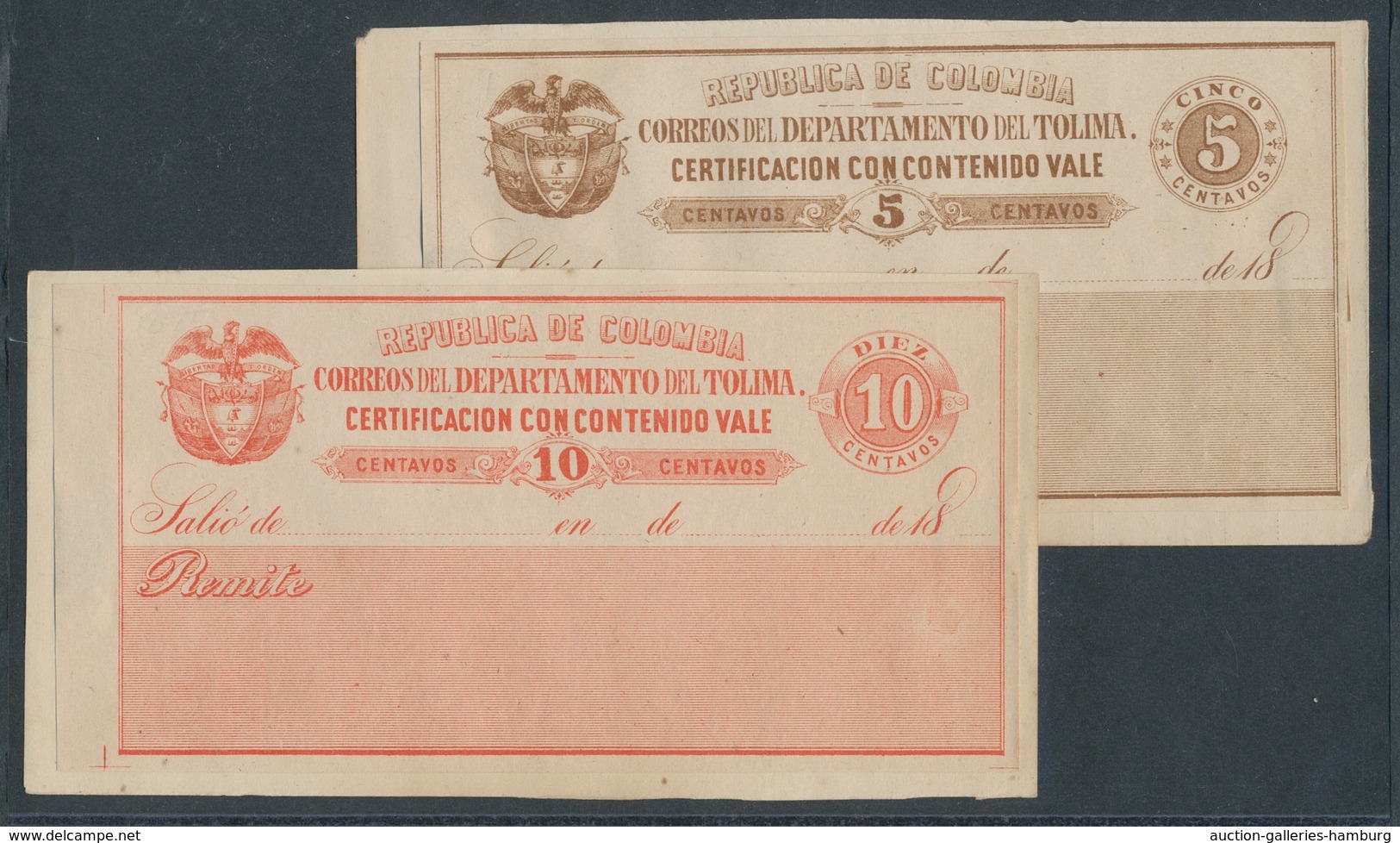 Kolumbien - Departamentos: Tolima: 1886, 5 And 10 Cents Coupon, Plus 1887-1893, Seven More Coupons I - Kolumbien