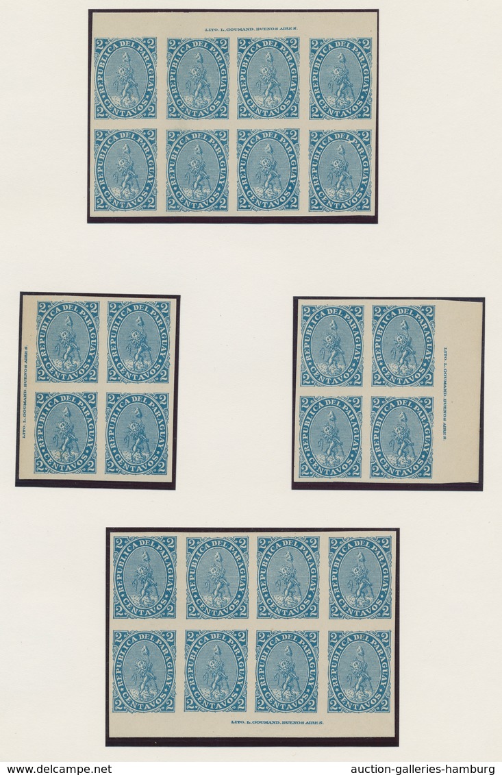 Paraguay: 1881, first "lion" design, imperforate colour proofs of all three values, all in marginal