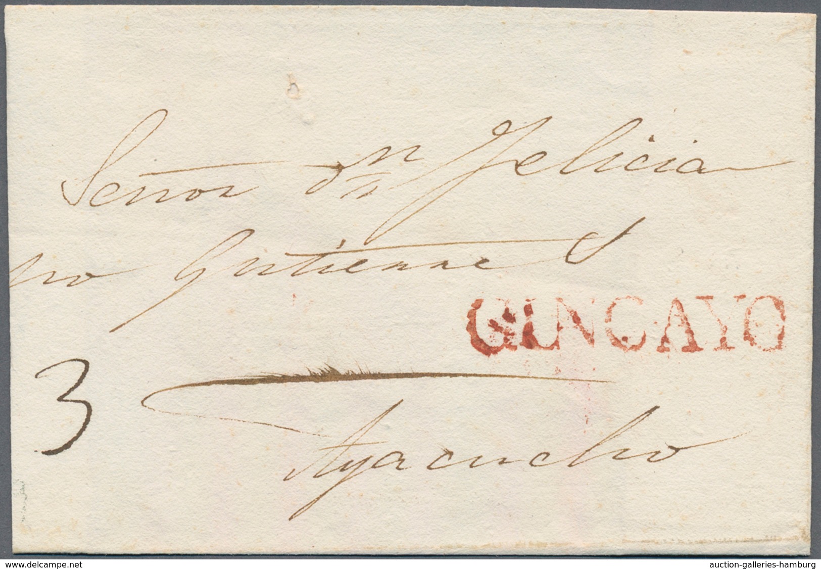 Peru: 1821 (ca.) QINCAYO (Huancayo) Rare Red 1-line Canc. On Folded Envelope Sent To Ayacucho. - Peru