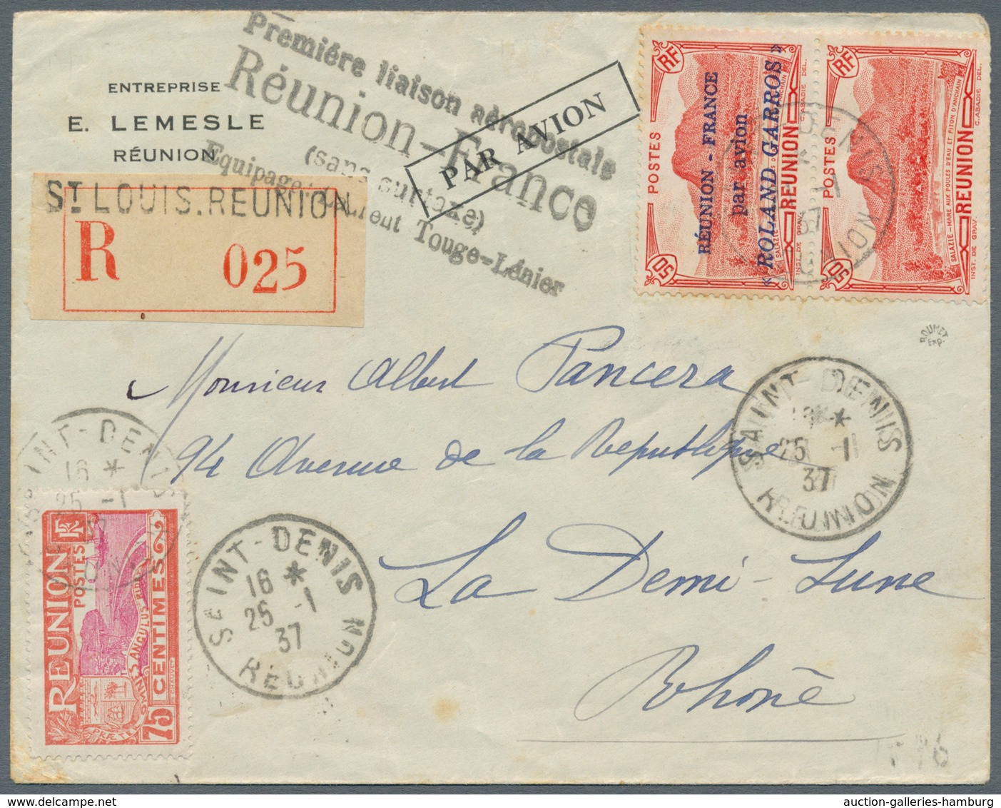 Reunion: 1937, "ROLAND GARROS" Flight, 50c. Red Vertical Pair Showing Variety "LOWER STAMP WITHOUT O - Unused Stamps