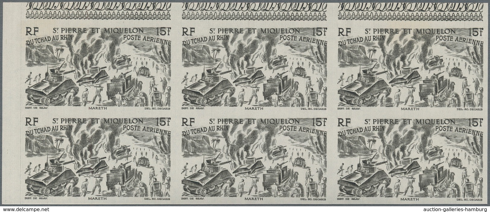 St. Pierre und Miquelon: 1946, Du Chad au Rhin, 5fr.-50fr., complete set of six values in imperforat