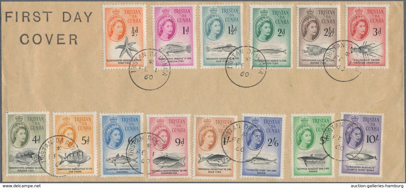 Tristan Da Cunha: 1960, ½ D To 10 Sh. Complete Set "Queen Elizabeth And Sea Animals" On First Day Co - Tristan Da Cunha