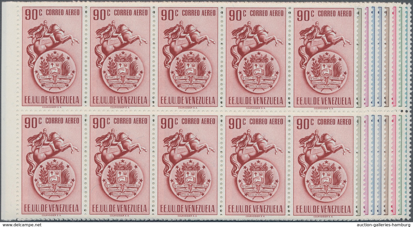 Venezuela: 1951, Coat Of Arms 'VENEZUELA ‘ Airmail Stamps Complete Set Of Nine In Blocks Of Ten From - Venezuela