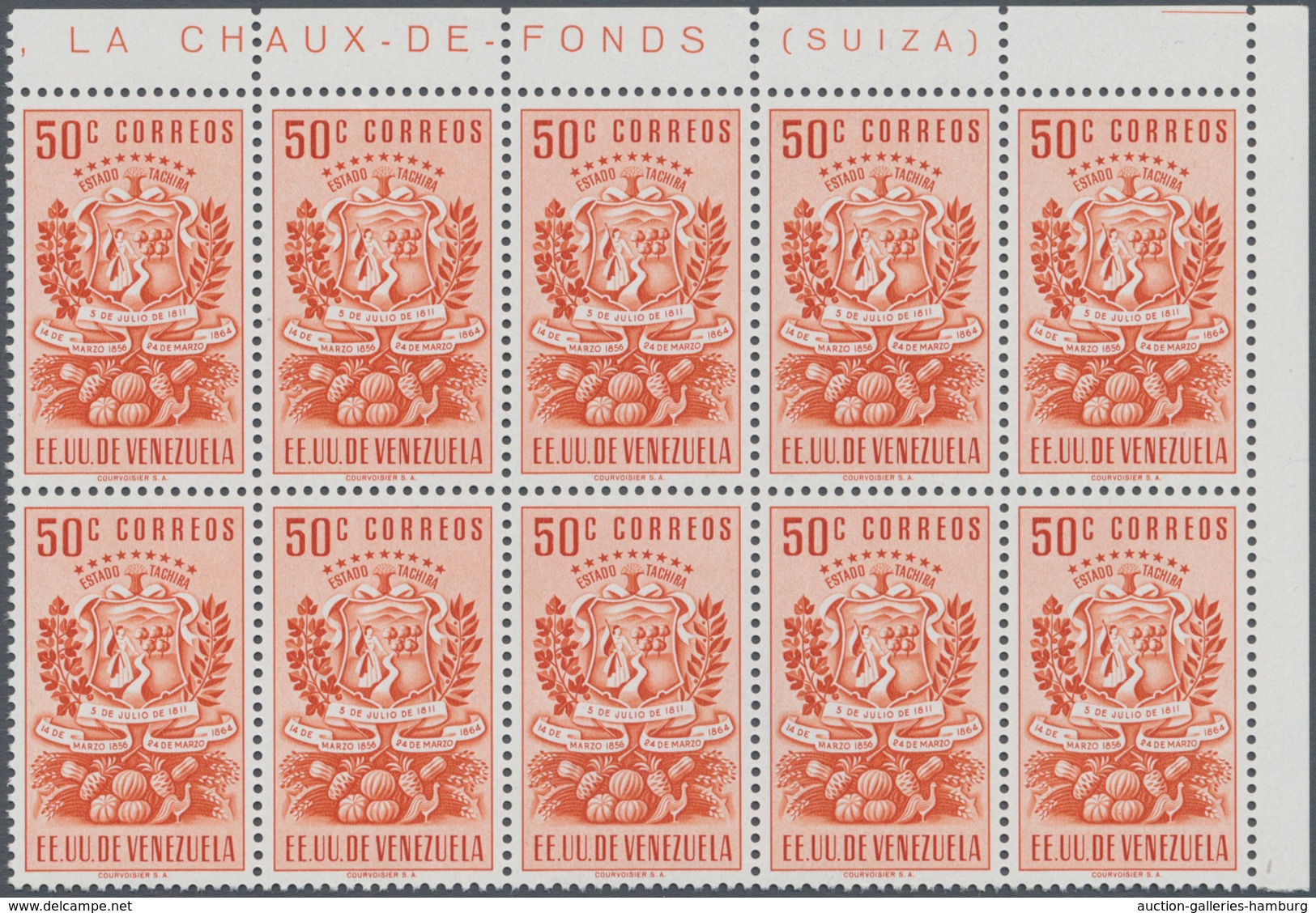 Venezuela: 1951, Coat Of Arms ‚TACHIRA‘ Normal Stamps Complete Set Of Seven In Blocks Of Ten From Up - Venezuela