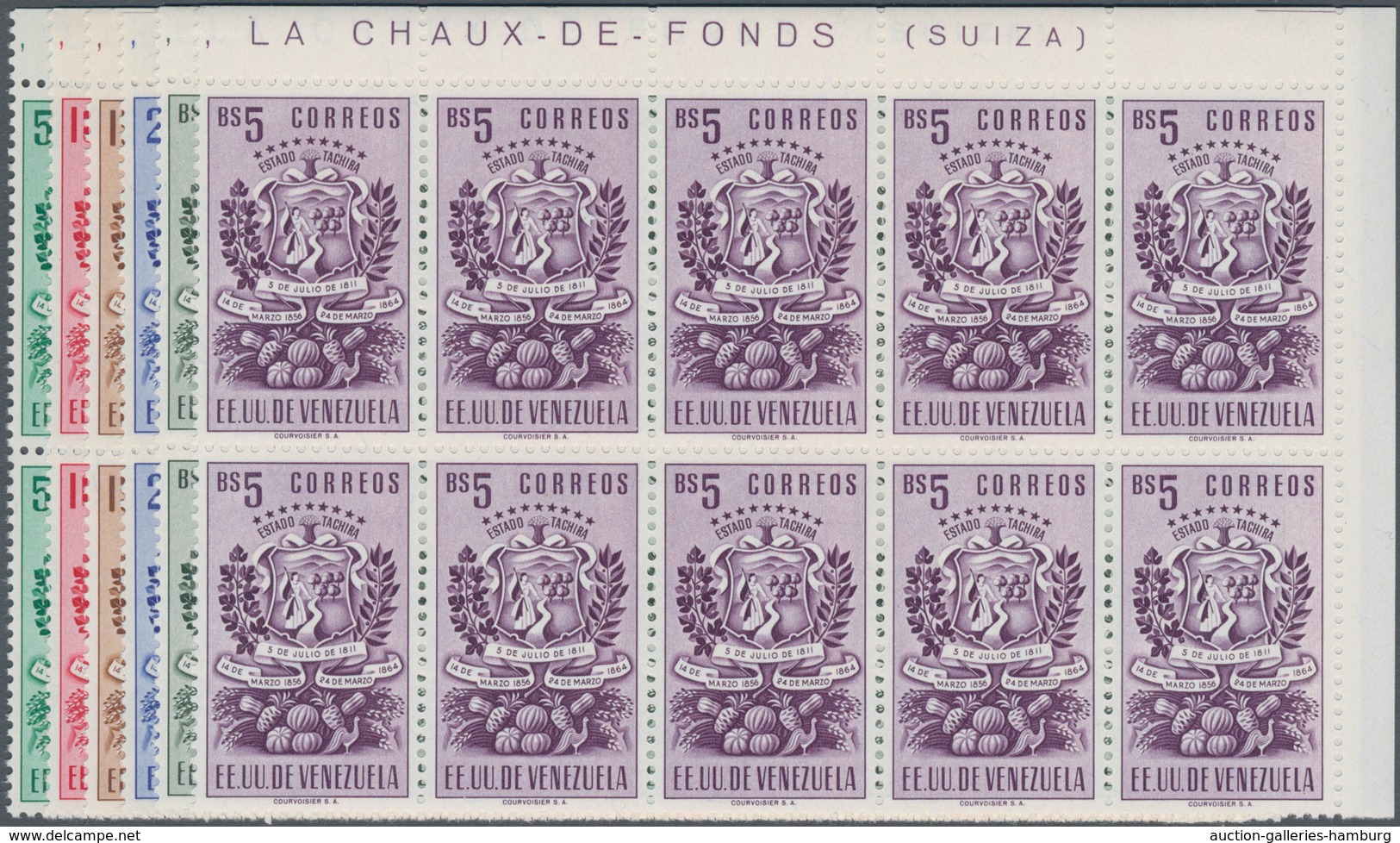 Venezuela: 1951, Coat Of Arms ‚TACHIRA‘ Normal Stamps Complete Set Of Seven In Blocks Of Ten From Up - Venezuela