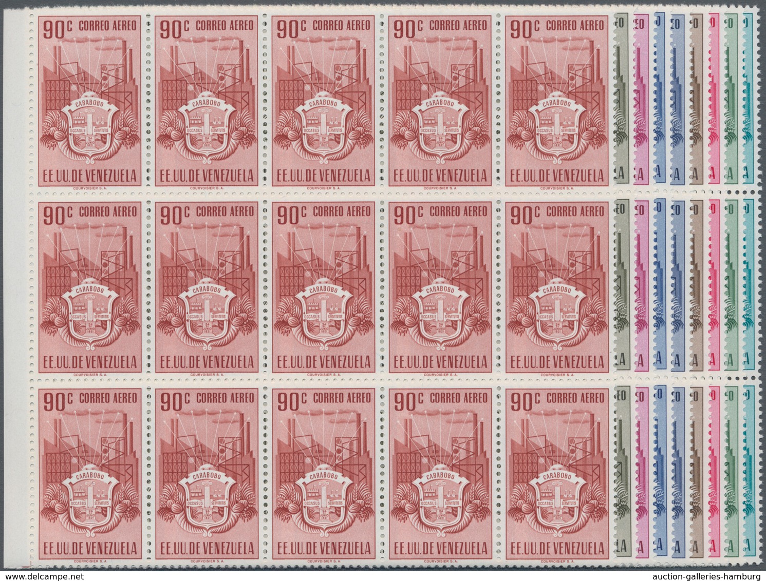 Venezuela: 1951, Coat Of Arms 'CARABOBO‘ Airmail Stamps Complete Set Of Nine In Blocks Of 15 From Le - Venezuela