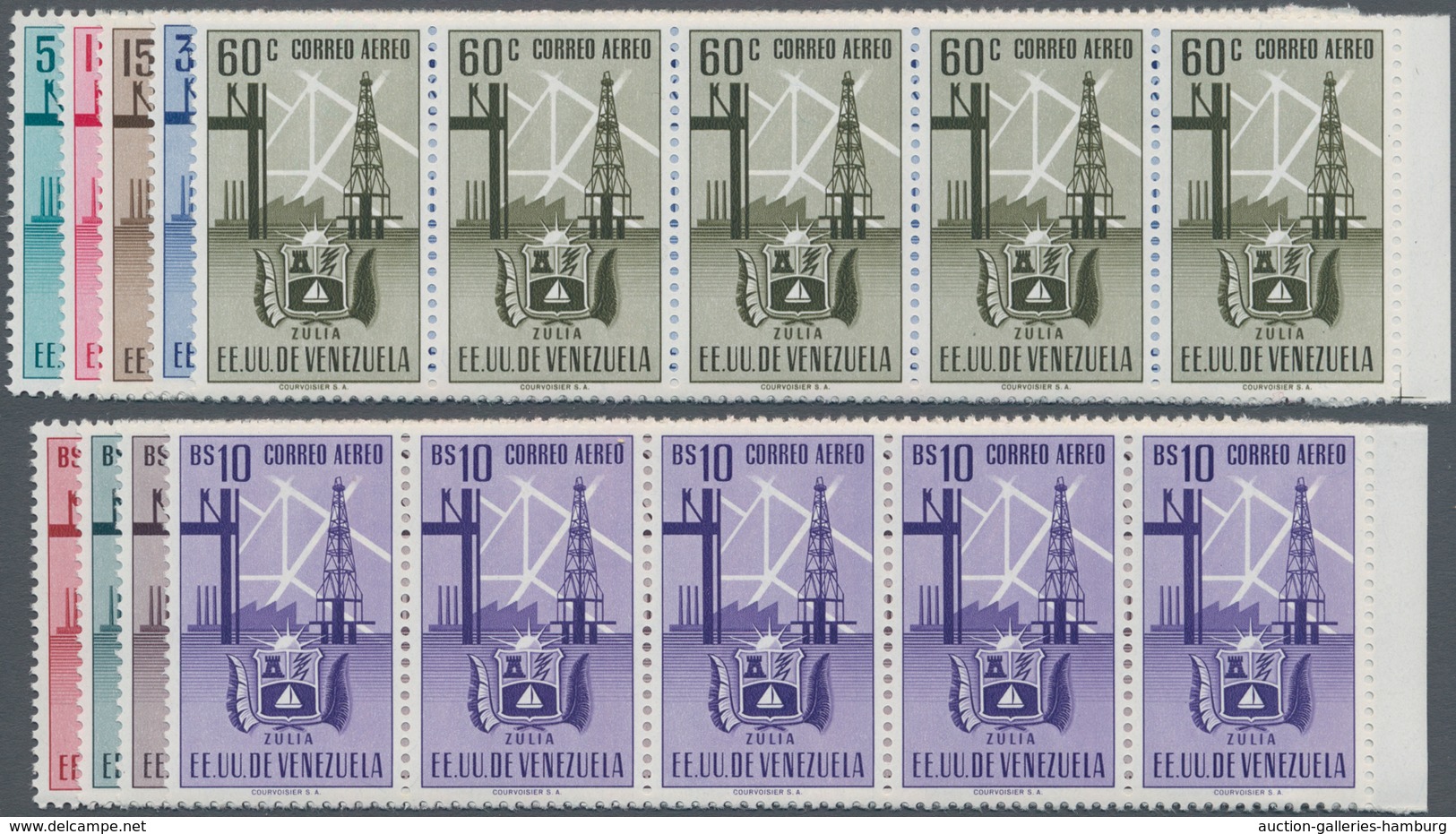 Venezuela: 1951, Coat Of Arms 'ZULIA‘ Airmail Stamps Complete Set Of Nine In Horizontal Strips Of Fi - Venezuela