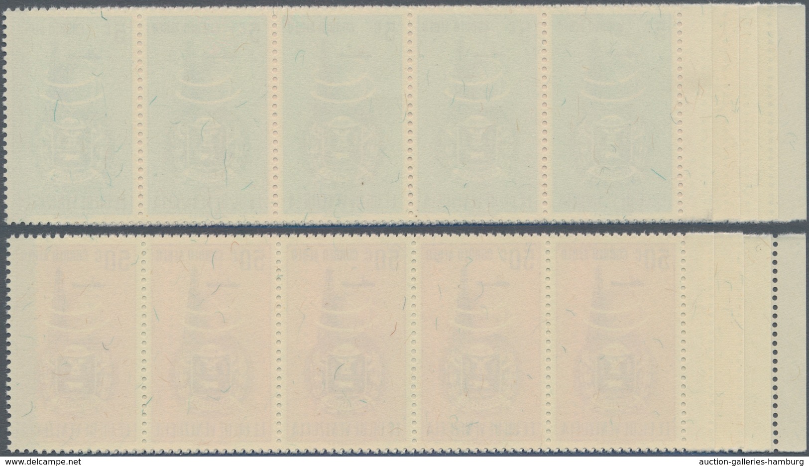 Venezuela: 1951, Coat Of Arms 'ANZOATEGUI‘ Airmail Stamps Complete Set Of Nine In Horiz. Strips Of F - Venezuela