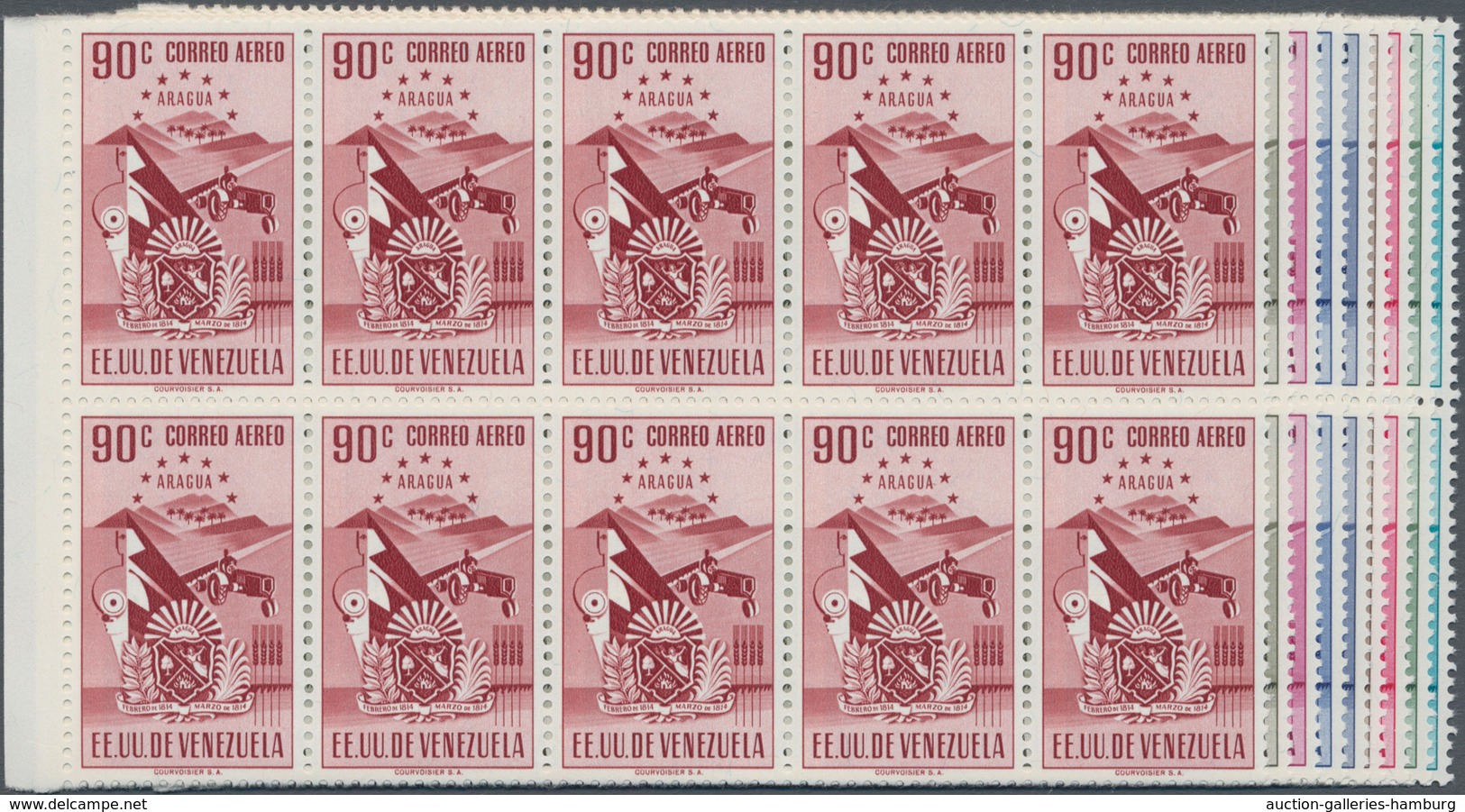 Venezuela: 1952, Coat Of Arms 'ARAGUA‘ Airmail Stamps Complete Set Of Nine In Blocks Of Ten From Lef - Venezuela