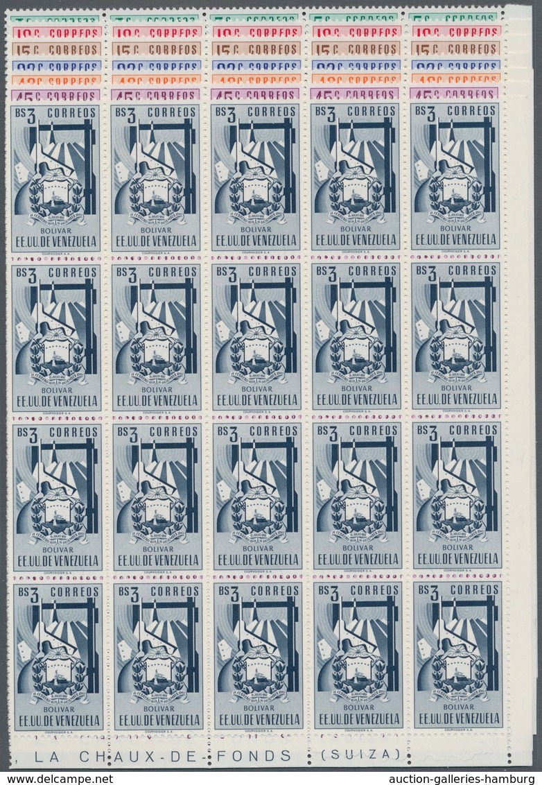 Venezuela: 1952, Coat Of Arms 'BOLIVAR‘ Normal Stamps Complete Set Of Seven In Blocks Of 20 From Low - Venezuela