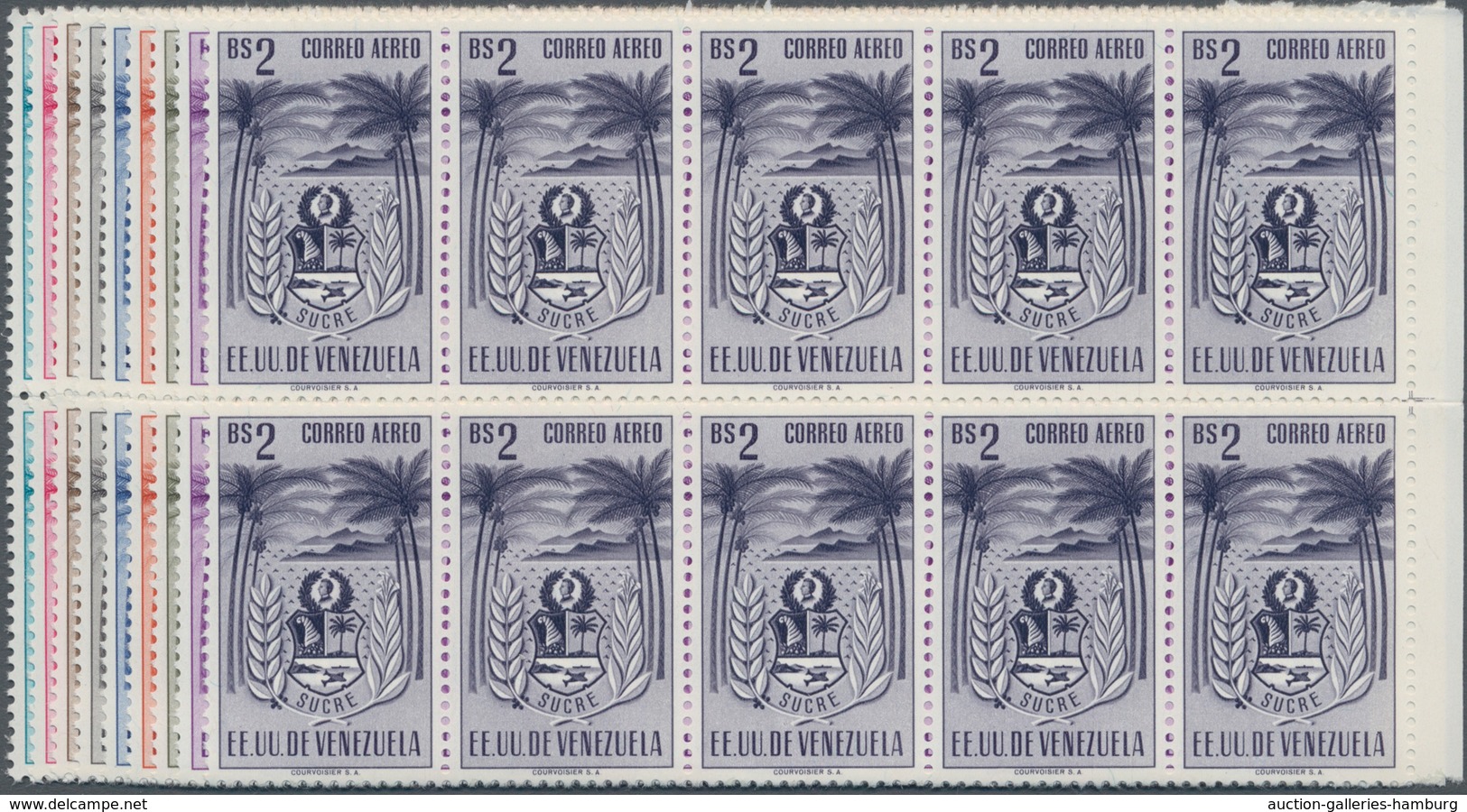 Venezuela: 1952, Coat Of Arms 'SUCRE‘ Airmail Stamps Complete Set Of Nine In Blocks Of Ten From Righ - Venezuela