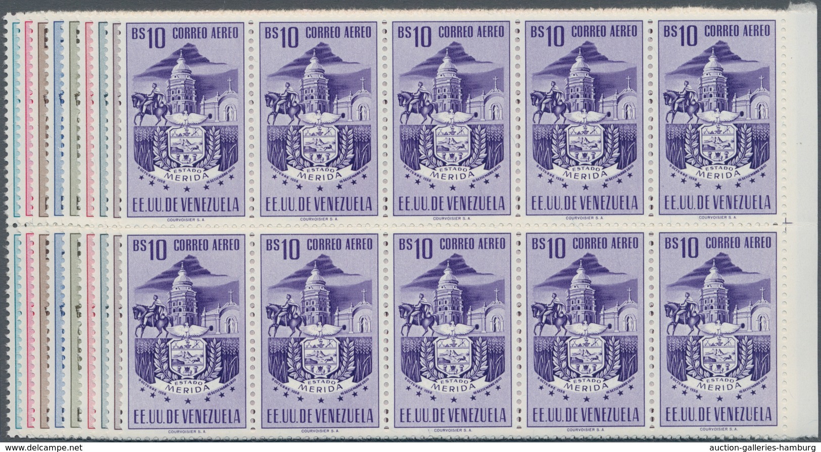 Venezuela: 1953, Coat Of Arms 'MERIDA‘ Airmail Stamps Complete Set Of Nine In Blocks Of Ten From Rig - Venezuela