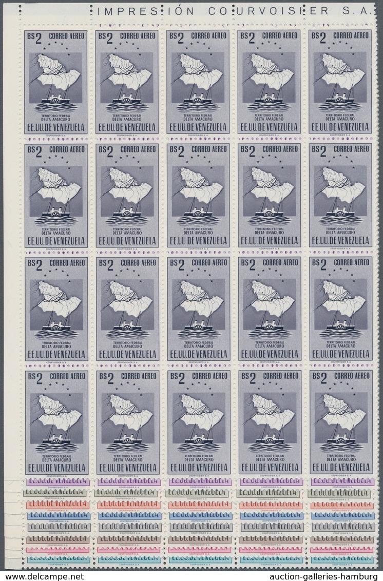 Venezuela: 1953, Coat Of Arms 'DELTA AMACURO‘ Airmail Stamps Complete Set Of Nine In Blocks Of 20 Fr - Venezuela