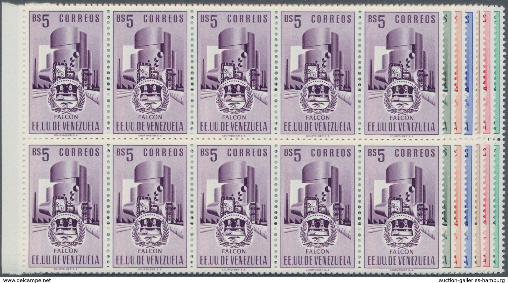 Venezuela: 1953, Coat Of Arms 'FALCON‘ Normal Stamps Complete Set Of Seven In Blocks Of Ten From Lef - Venezuela