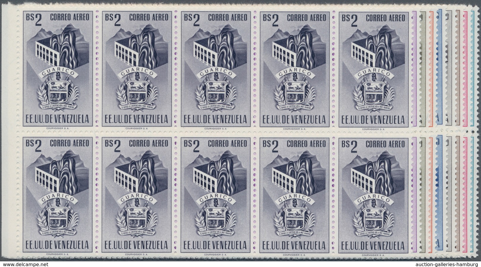 Venezuela: 1953, Coat Of Arms 'GUARICO‘ Airmail Stamps Complete Set Of Nine In Blocks Of Ten From Le - Venezuela