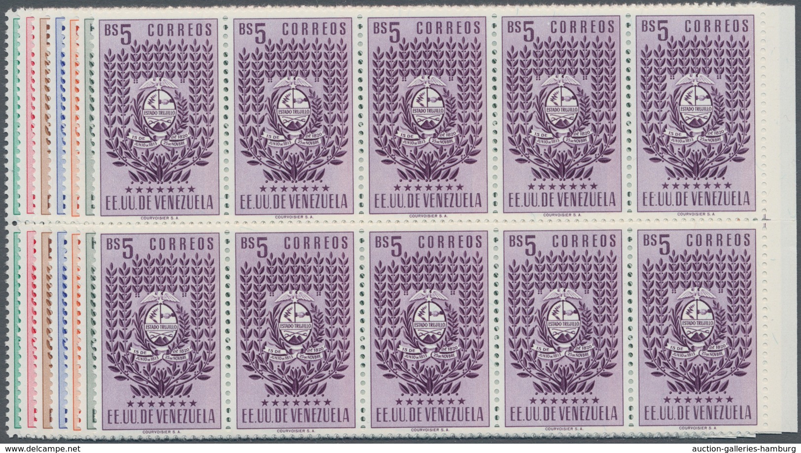 Venezuela: 1953, Coat Of Arms 'TRUJILLO‘ Normal Stamps Complete Set Of Seven In Blocks Of Ten From R - Venezuela