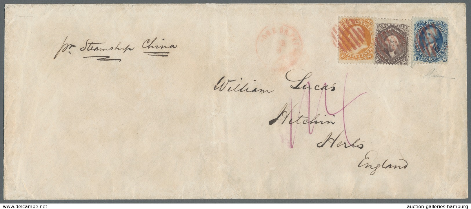 Vereinigte Staaten Von Amerika: 1862, Very Attractive Transatlantic Cover "three Color Franking" Wit - Unused Stamps