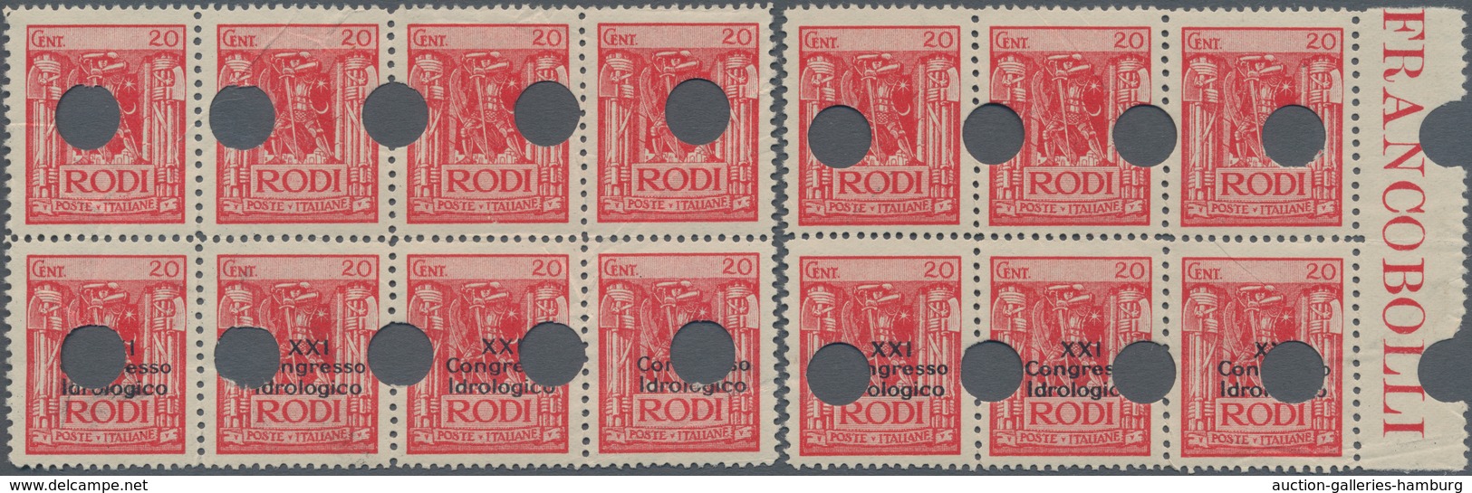 Ägäische Inseln: RHODOS: 1929, 20 C Red In Block Of 8 And Block Of 6, Lower Four And Three Stamps Wi - Aegean
