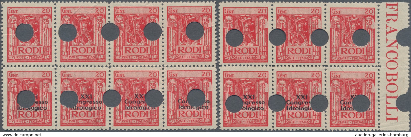 Ägäische Inseln: RHODOS: 1929, 20 C Red In Block Of 8 And Block Of 6, Lower Four And Three Stamps Wi - Ägäis