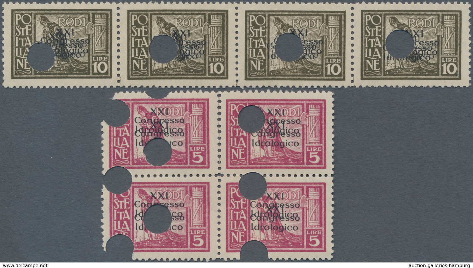 Ägäische Inseln: RHODOS: 1929, 5 L Violet In Block Of 4 And 10 L Brown In Horizontal Stripe Of 4 Wit - Aegean