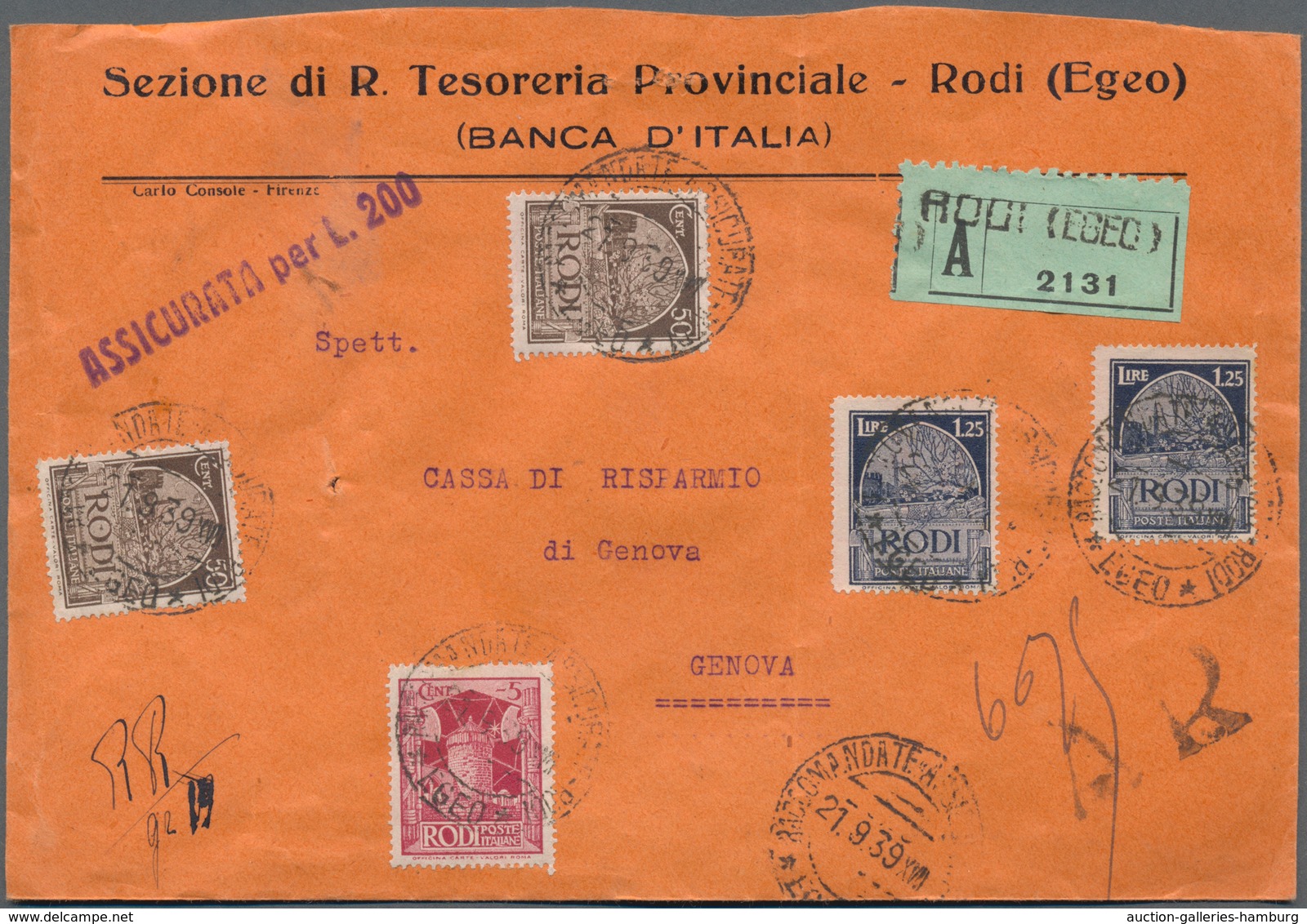 Ägäische Inseln: 1939. Insured Letter From Rhodos To Genua, Franked With 2x 1,25 L, 2x 50 C And 1x 5 - Aegean