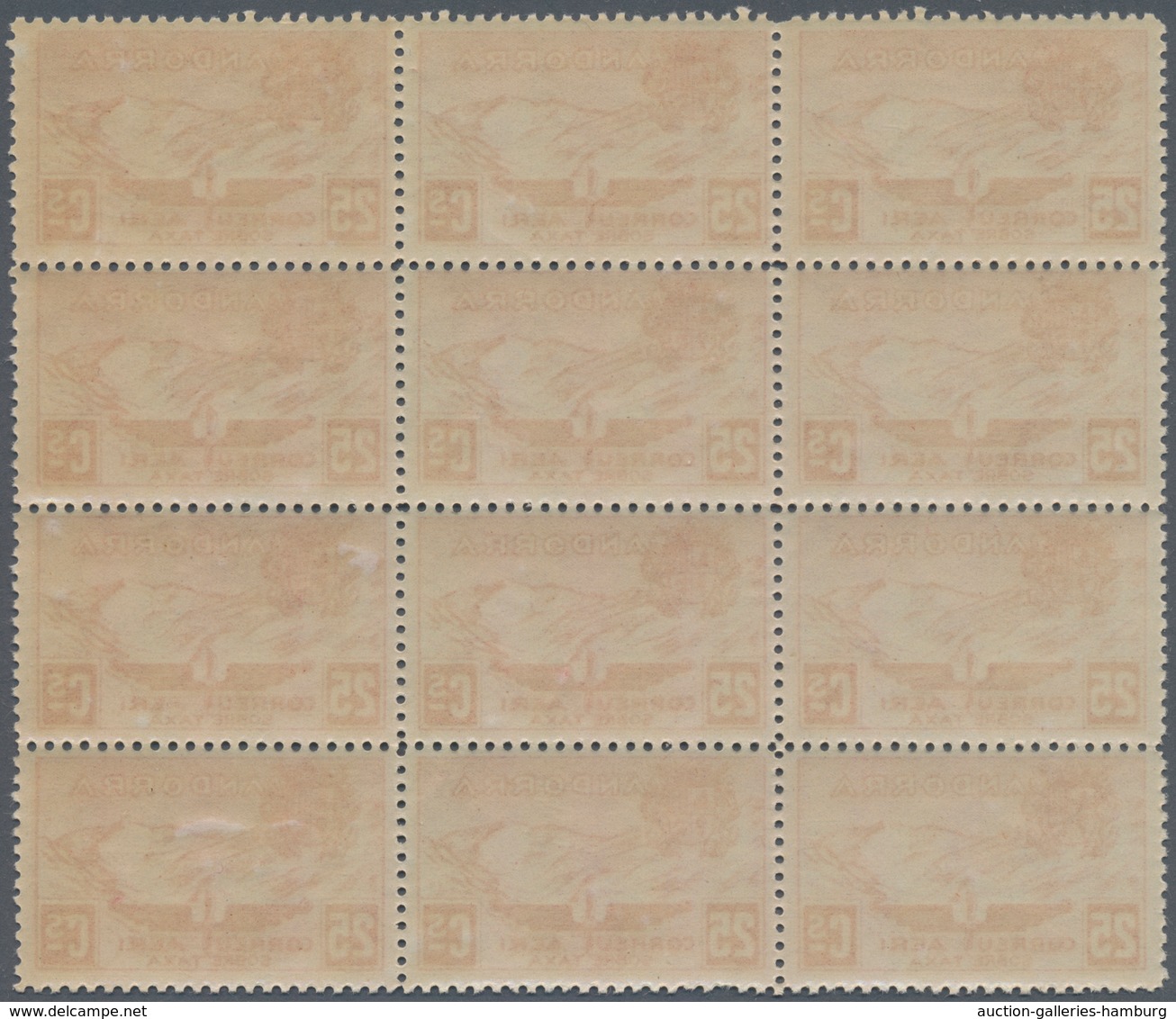 Andorra - Spanische Post: 1932, not issued airmail set of 12 in blocks of twelve, mint never hinged