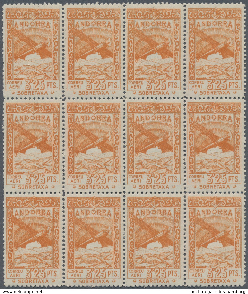 Andorra - Spanische Post: 1932, not issued airmail set of 12 in blocks of twelve, mint never hinged