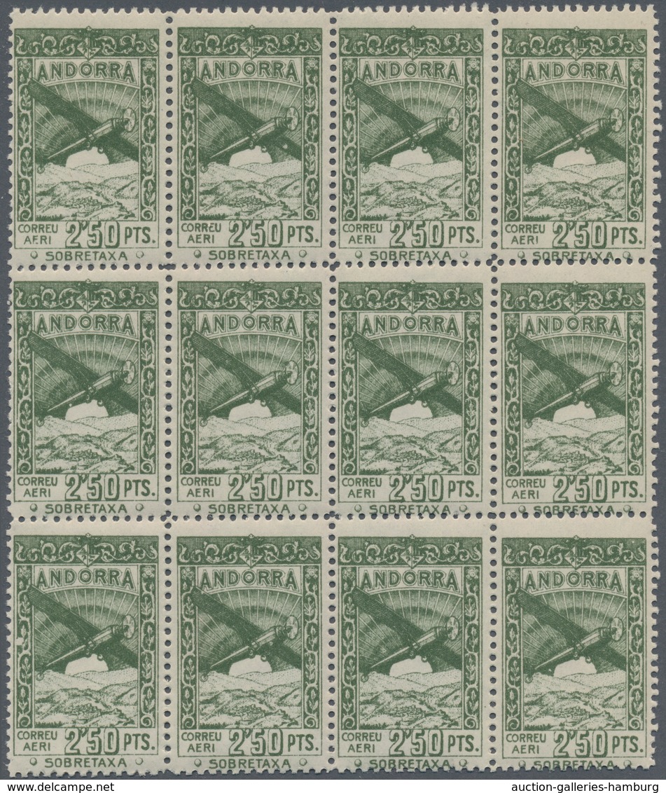 Andorra - Spanische Post: 1932, not issued airmail set of 12 in blocks of twelve, mint never hinged