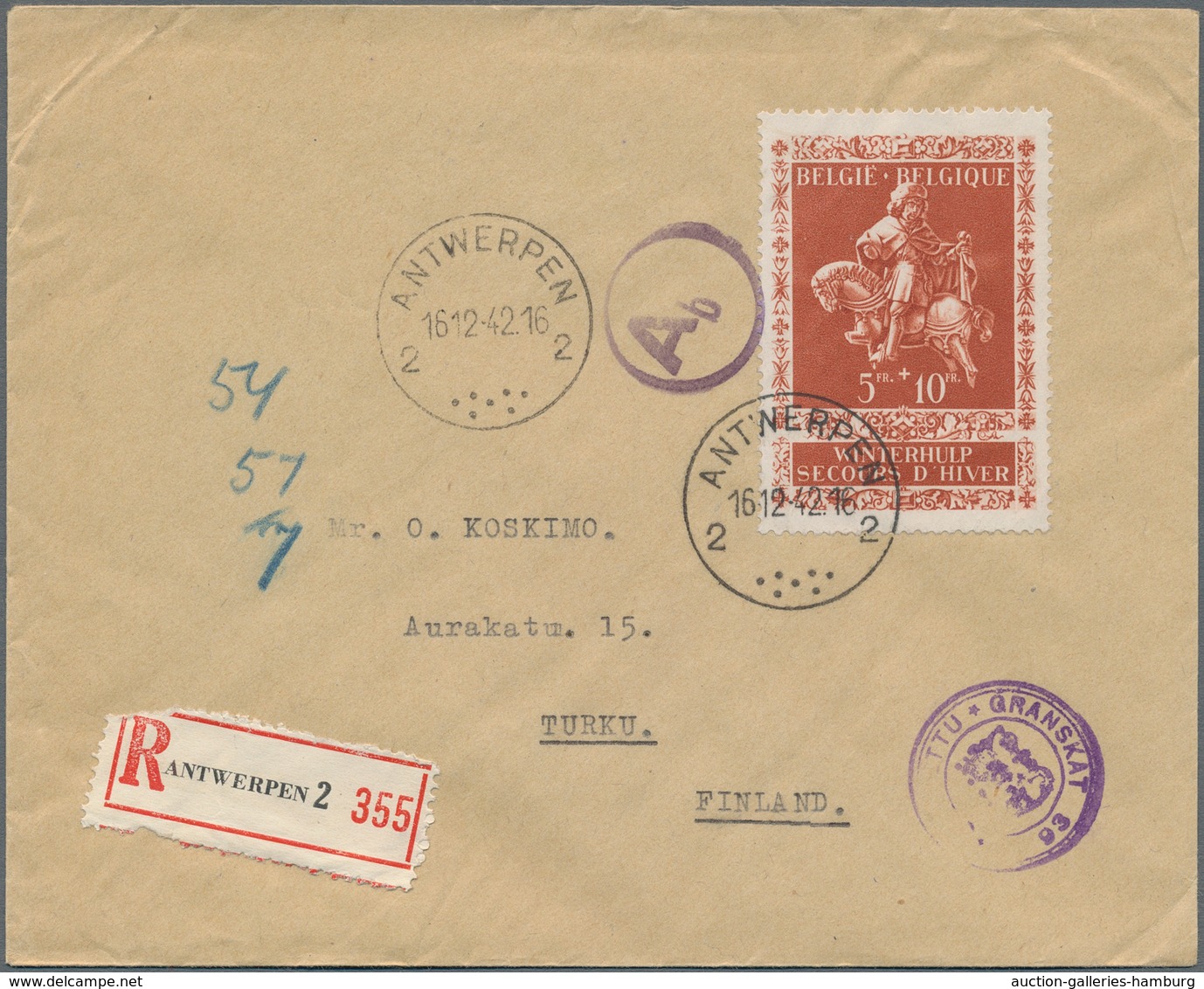 Belgien: 1942, 5 Fr + 10 Fr Red-brown Cancelled "ANTWERPEN" On Registered Letter To Finland - Covers & Documents