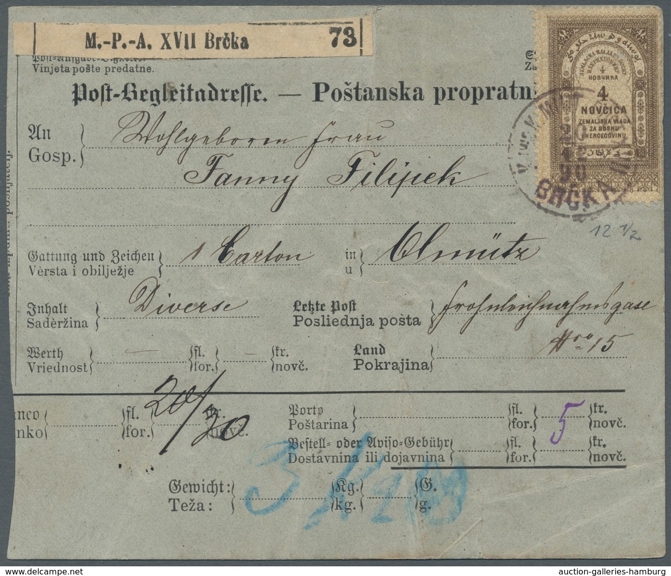 Bosnien Und Herzegowina (Österreich 1879/1918): 1890, Stempelmarke Zu 4 Novcica Entwertet Mit Stempe - Bosnia And Herzegovina