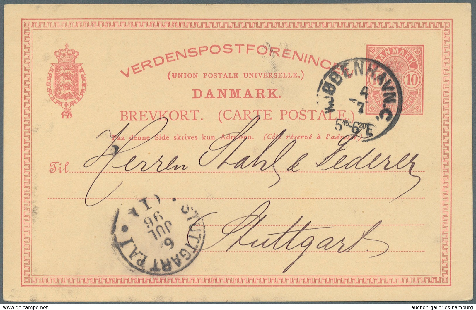 Dänemark - Ganzsachen: GSK 10 Öre Karmin In Seltener Auflage "mit Kleinen Eckziffern" Gebr. 1896 Mit - Postal Stationery