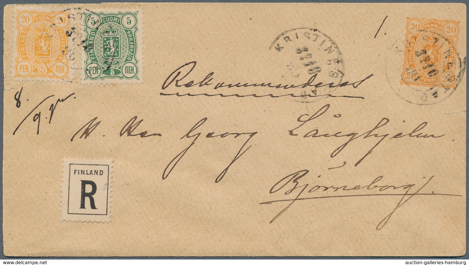 Finnland: 1890 GSU 20 P. Mit Zus.-Frank. 5 + 20 P. Als R.-Brief Von "KRISTINESTAD" Nach Bjorneborg, - Briefe U. Dokumente