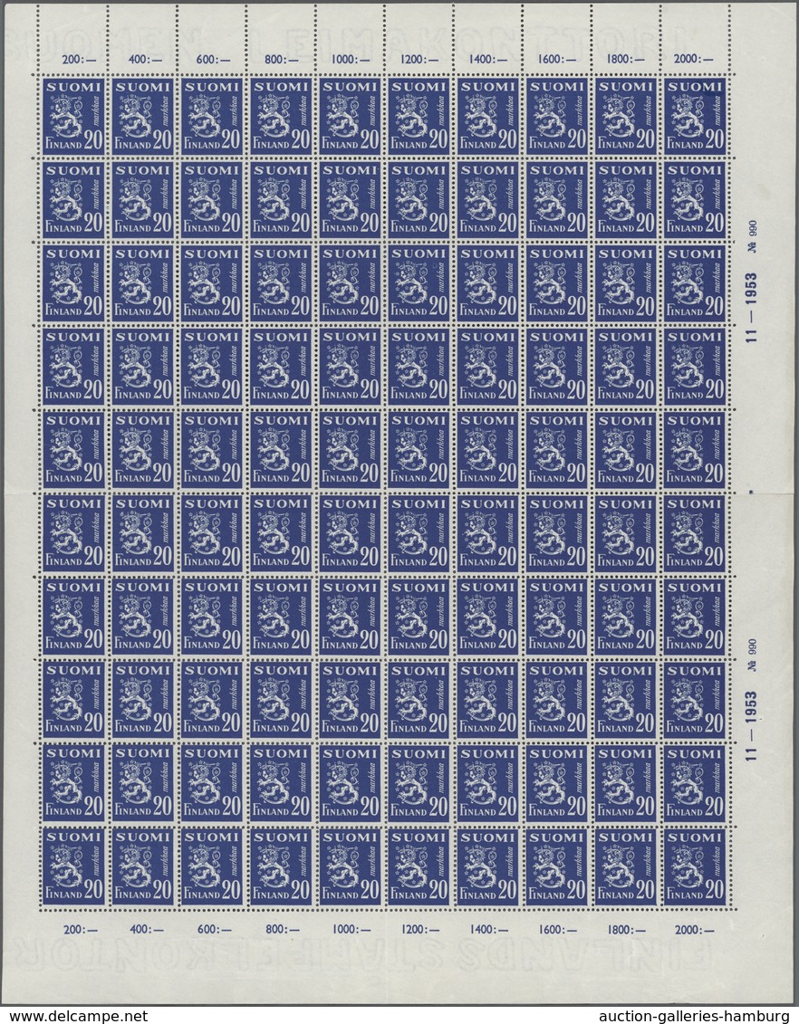 Finnland: 1950, Lion Type 20m. Blue Complete (folded) Sheet With 100 Stamps And Margins Around With - Briefe U. Dokumente