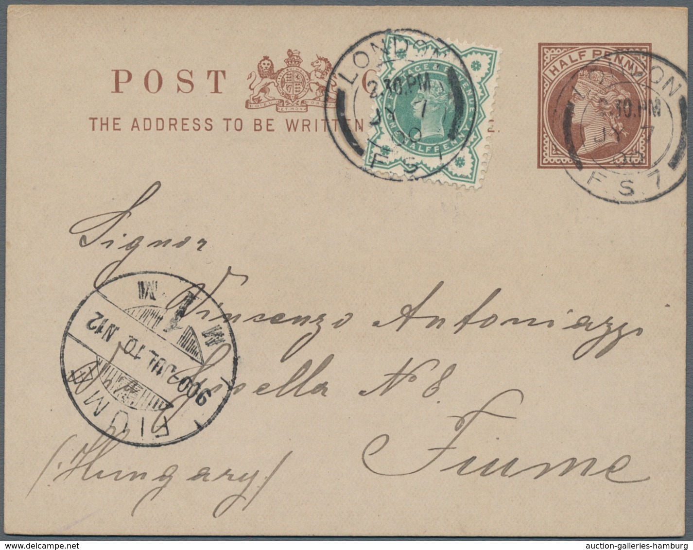 Fiume: 1900, Incoming Mail: Postal Stationery Card Uprated With Queen Victoria ½ Penny Clearly Cance - Fiume
