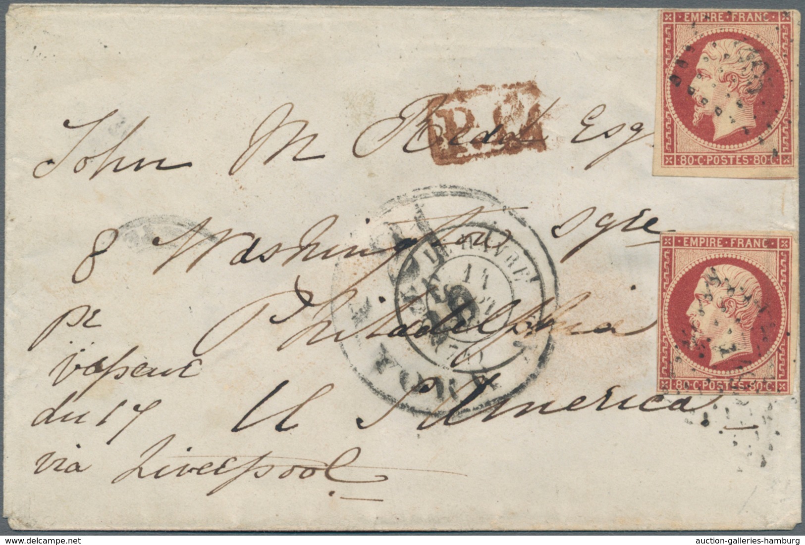 Frankreich: 1853, Napoléon 80c. Carmine, Two Copies Touched To Huge Margins, Paying The 1.60fr. Rate - Usados