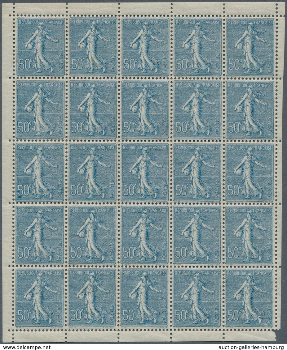 Frankreich: 1921, 50c. Blue "Semeuse Lignee", Pane Of 25 Stamps (right Selvedge Partly Separated And - Gebraucht
