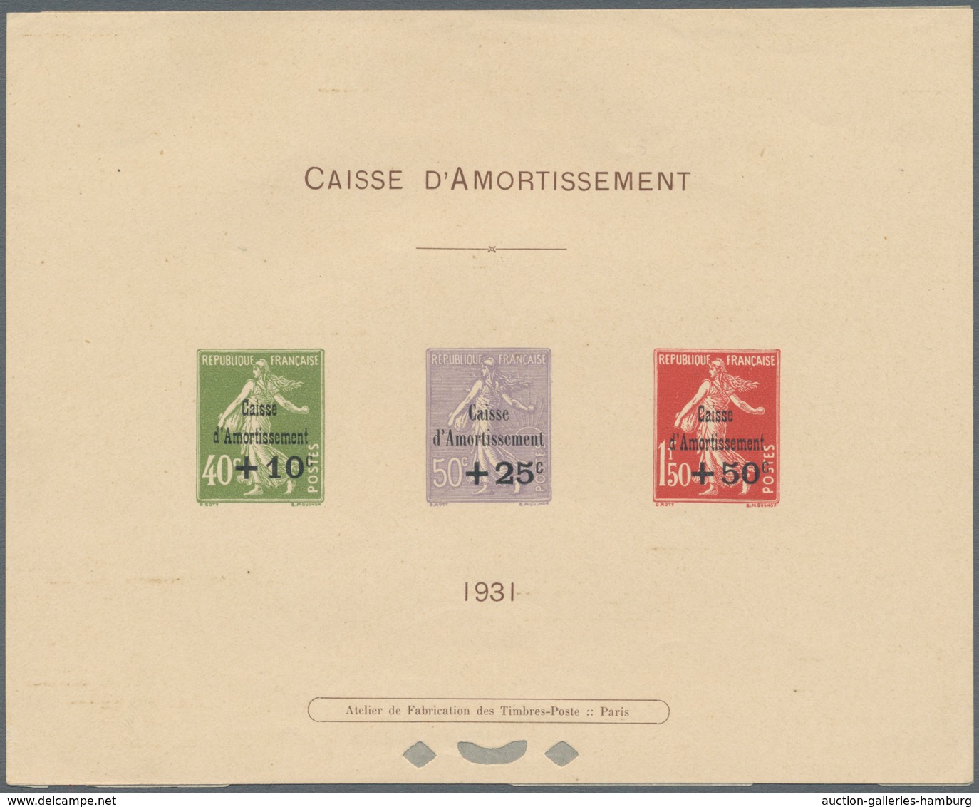 Frankreich: 1931, State Debt Redemption Fund, Three Stamps As Èupreuve Collective (Mi€900,-). - Gebraucht