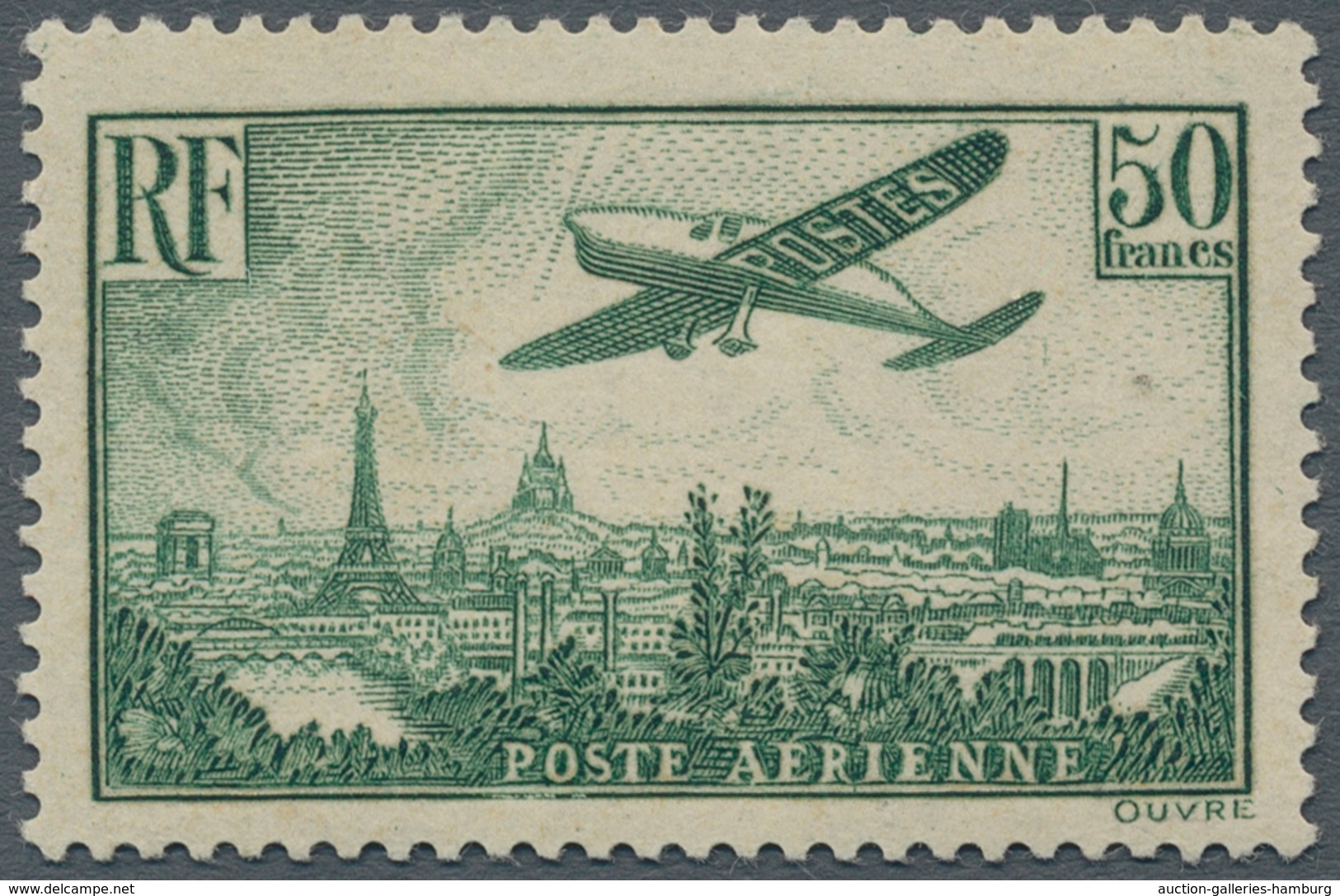 Frankreich: 1936, Airplane Over Paris, 50 Fr Dark Green, Mint And Rare Offered!, Signed (Mi€2.000,-) - Gebraucht