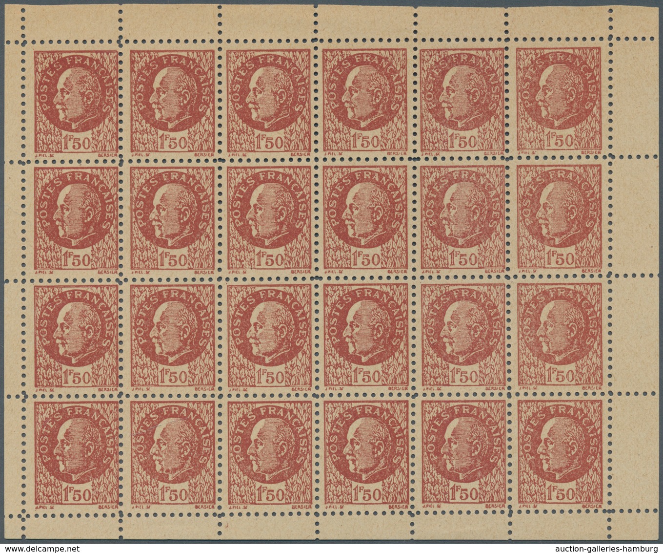 Frankreich: 1942, Marshall Petain 1,50 Fr As English Forgery In 24er Sheet, Without Gum, As Issued. - Gebraucht