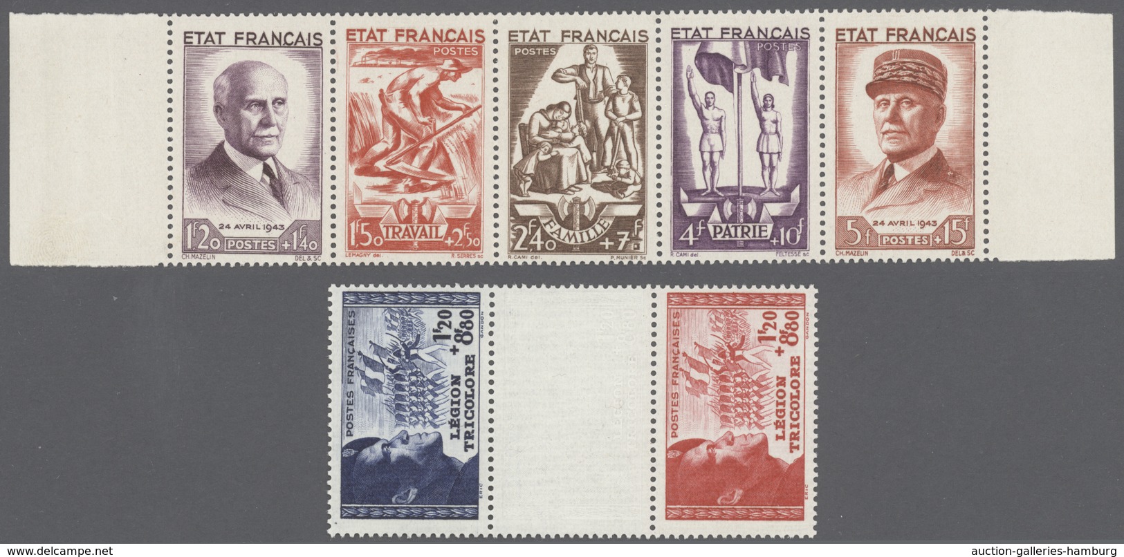 Frankreich: 1942 - 1943, Legion Tricolore In A Pair Of Gutter Dividers With Blind Print Of The Stamp - Gebraucht