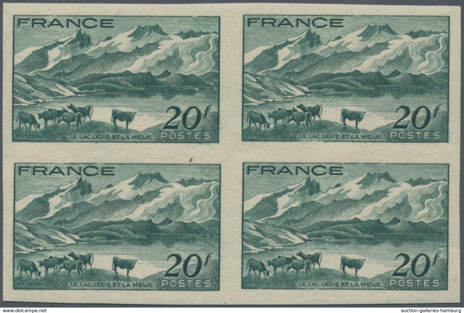 Frankreich: 1943, Definitives "Views", 20fr. Bluish Green, Imperforate Block Of Four, Mint Never Hin - Oblitérés