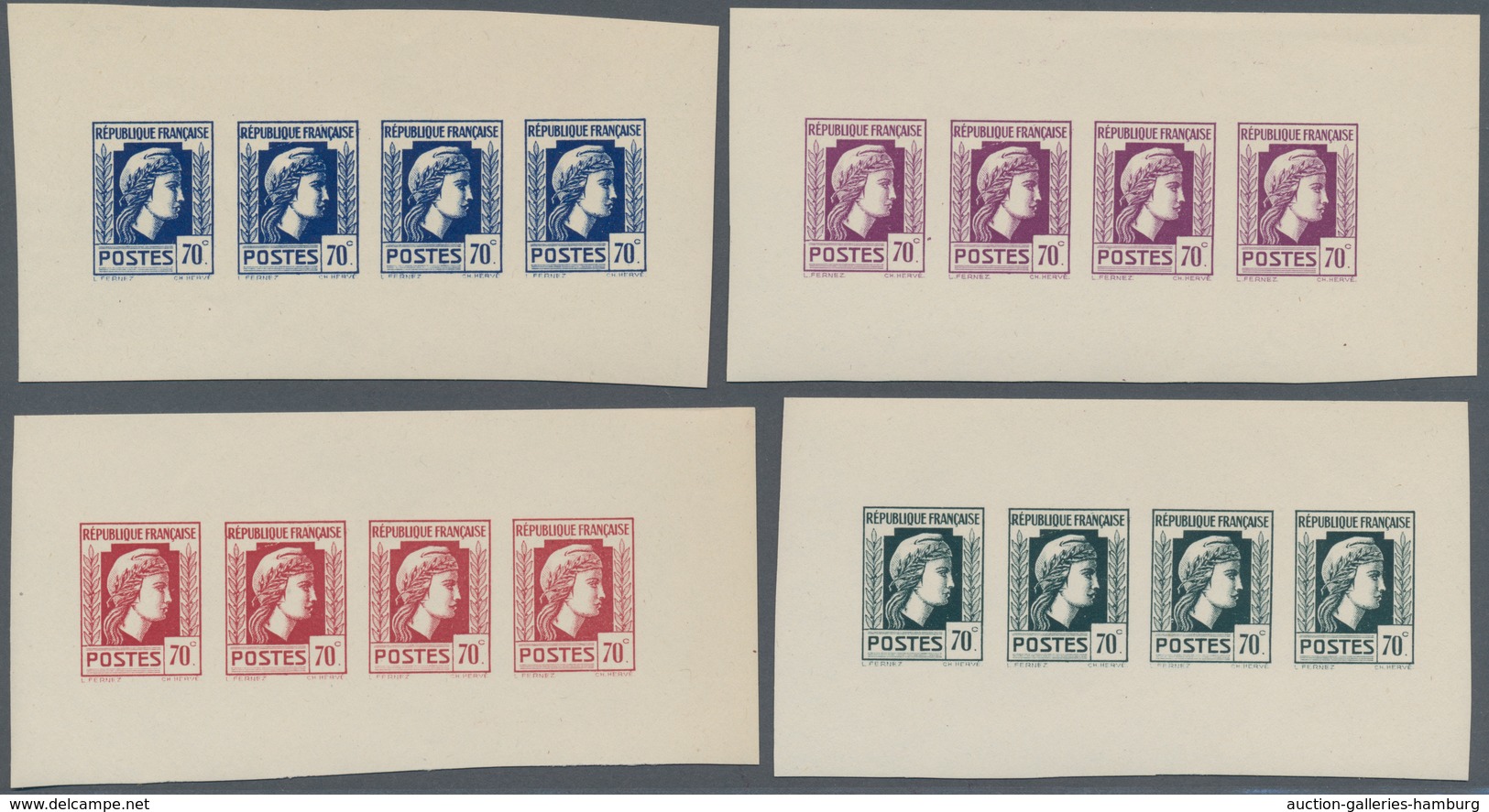 Frankreich: 1944, Definitives "Marianne", Not Issued, 70c., Group Of Four Imperforate Panes Of Four - Gebraucht