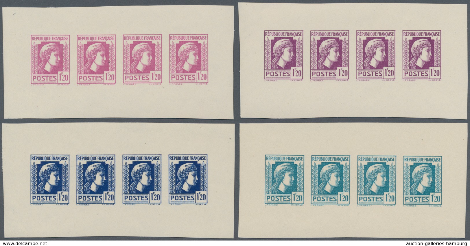 Frankreich: 1944, Definitives "Marianne", Not Issued, 1.20fr., Group Of Five Imperforate Panes Of Fo - Gebraucht