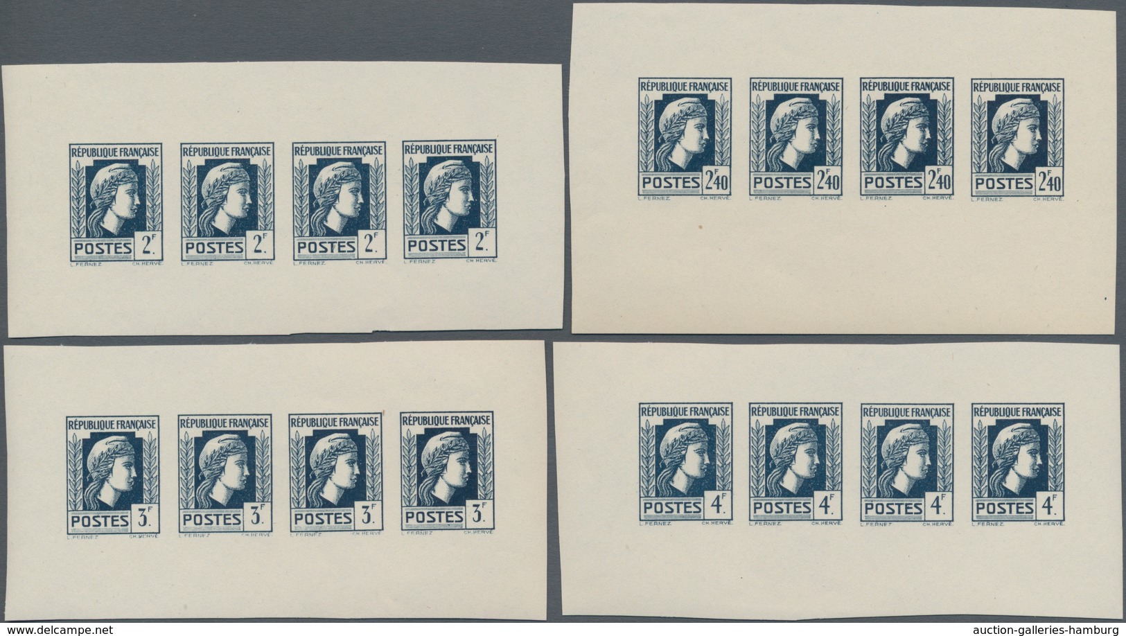 Frankreich: 1944, Definitives "Marianne", Not Issued, Group Of Ten Imperforate Panes Of Four Stamps - Gebraucht