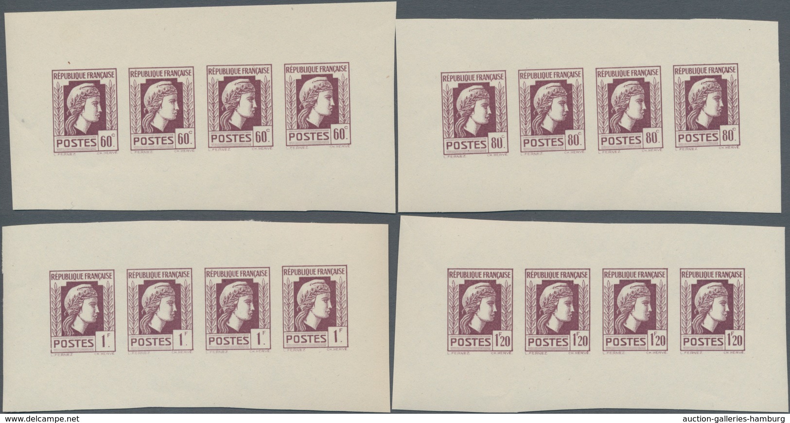 Frankreich: 1944, Definitives "Marianne", Not Issued, Group Of Ten Imperforate Panes Of Four Stamps - Gebraucht