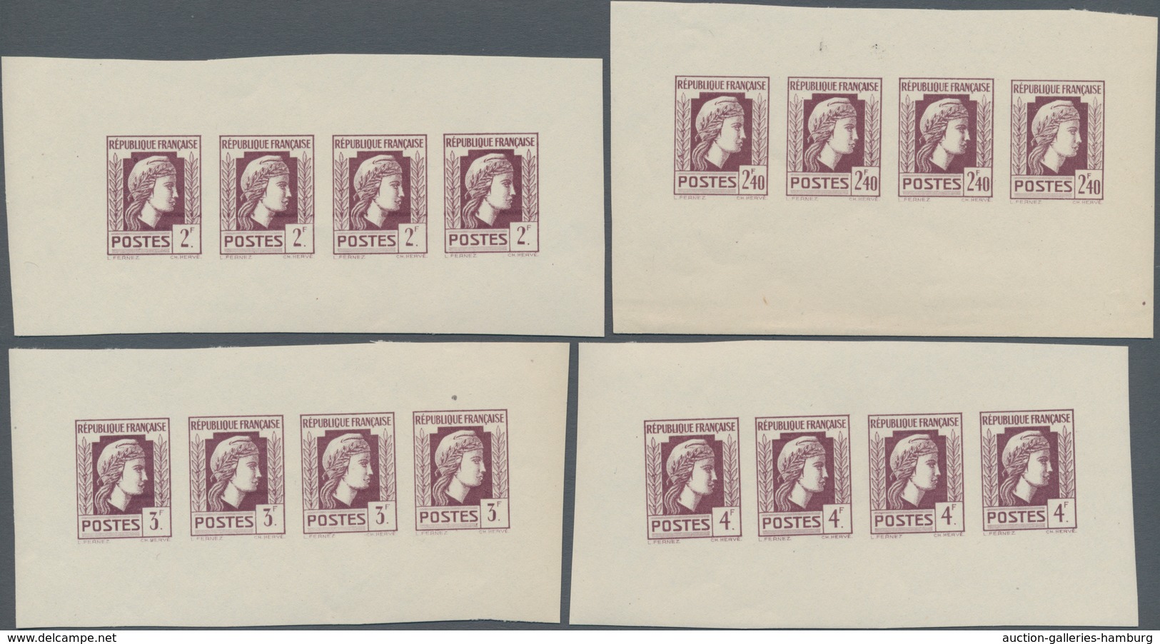 Frankreich: 1944, Definitives "Marianne", Not Issued, Group Of Ten Imperforate Panes Of Four Stamps - Gebraucht