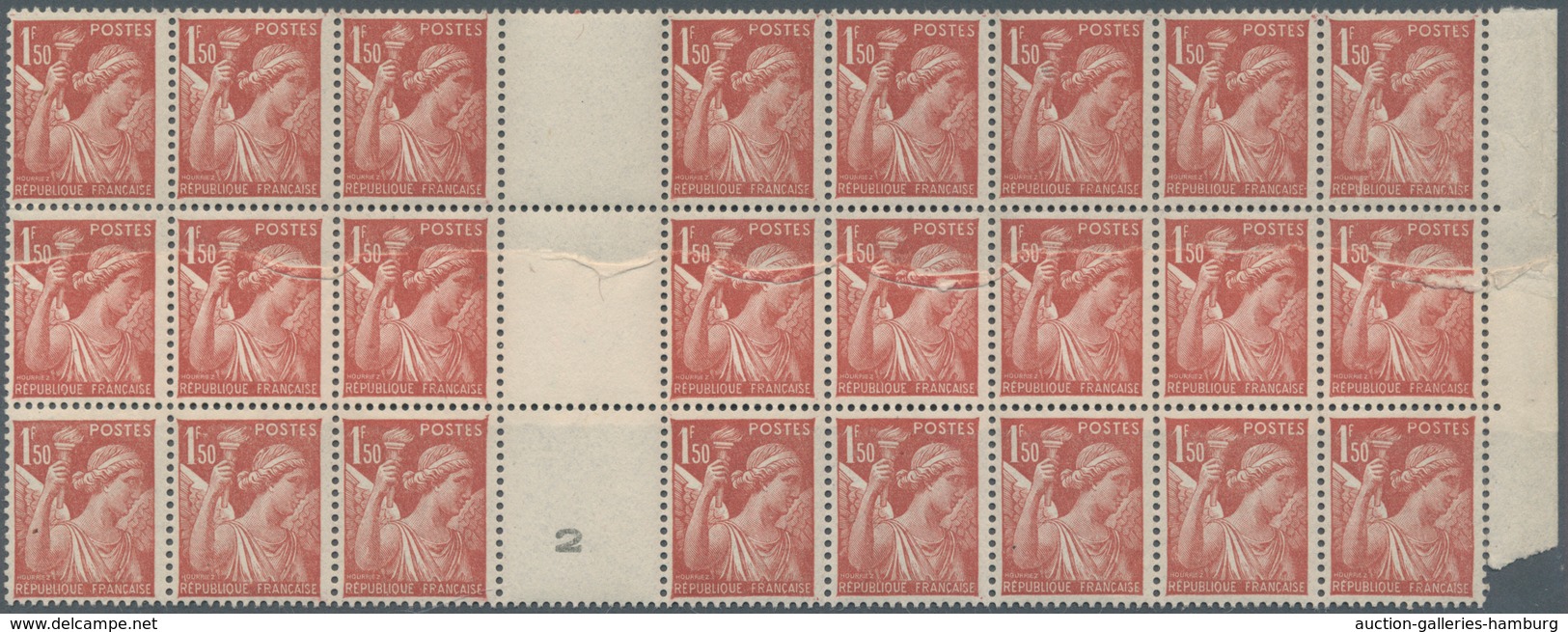 Frankreich: 1944, Iris 1.50fr. Reddish-brown, Gutter Block Of 24 Stamps (partly Separated), Eight St - Gebraucht